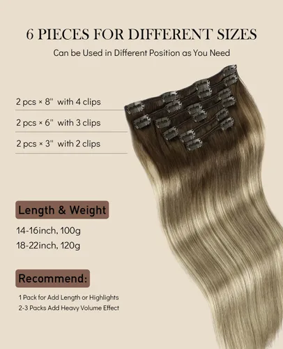 Vista 27 de VINBAO Extensiones de cabello humano con clip, balayage, color marrón ceniza a rubio caramelo, 14 pulgadas, 6 unidades, 3.53 onzas, 6