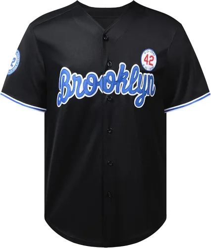 Vista 2 de PXJWXH Camiseta de béisbol negra de la leyenda #42 para hombre, con botones, estilo retro de los años 90, camisetas de hip hop cosidas S-3XL