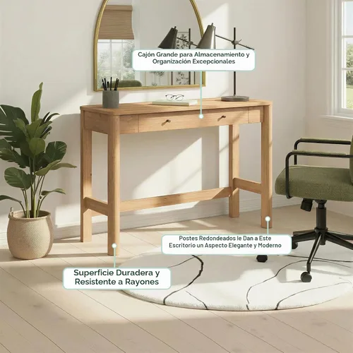 Vista 2 de Walker Edison Penelope - Escritorio moderno con cajón de almacenamiento, 44 pulgadas, roble inglés