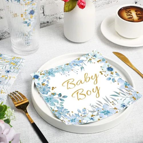Vista 4 de Outus 100 servilletas de elefante azul para baby shower, decoraciones de baby shower para niños, cócteles, postres, servilletas de papel desechables