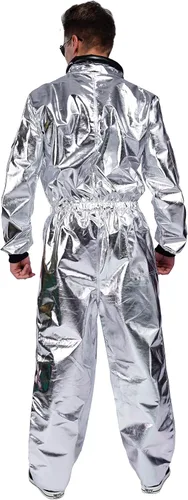 Vista 3 de Maxim Party Supplies Disfraz de astronauta para adultos, traje espacial plateado para hombres con parches bordados y bolsillos