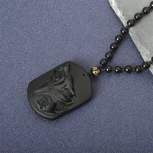 Vista 3 de Collar de obsidiana negra con dije de protección de amuleto de la suerte con cadena de cuentas extendida, piedra de cristal curativo, collares