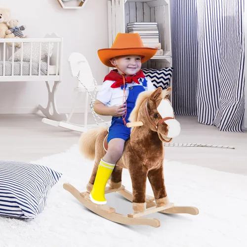 Vista 2 de Qaba Caballo Mecedor para Niños, Mecedora de Peluche para Niños Pequeños, Juguete Montable con Base de Madera y Agarre de Mango, Juguete Tradicional