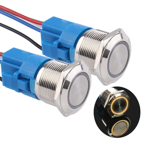 Vista 13 de Paquete de 2 interruptores de botón momentáneos de 0.63 pulgadas, 12 V-24 V, LED, impermeable, de metal, 1 NO 1 NC, con enchufe de cable