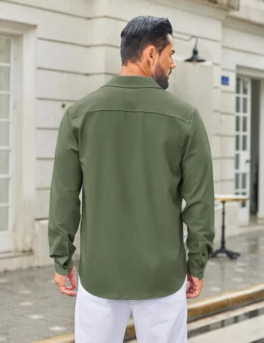 Vista 6 de COOFANDY Camisa de vestir casual de mezclilla con botones y manga larga para hombre