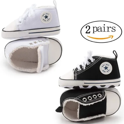 Vista 2 de KIDSUN - Zapatos deportivos unisex de caña alta para bebés, mezclilla de lona, suela antideslizante, suaves, para los primeros pasos