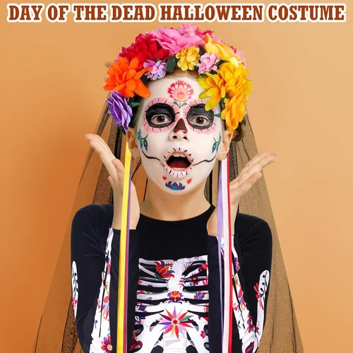 Vista 4 de Ramede 4 piezas de disfraz de Halloween Día de los Muertos para mujer, body de esqueleto con lazo en la diadema bulliciosa tatuajes faciales