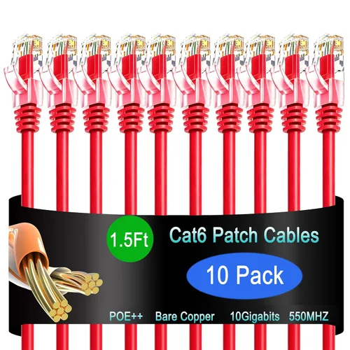 Vista 44 de Cable de Parche Ethernet Cat6 de 0.5 pies (Paquete de 10), Cable de Parche Cat6 para Centros de Datos, Cable Cat 6 10G, Cables de Parche de Red