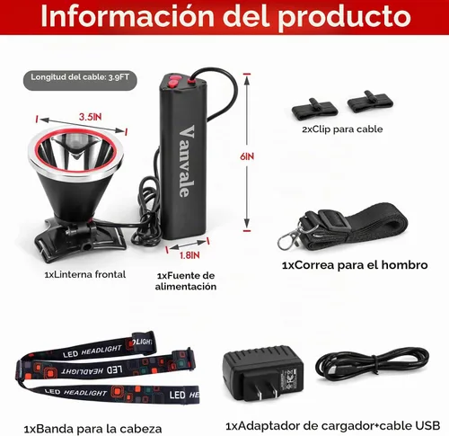 Vista 6 de Linterna frontal LED recargable de alta potencia, IPX4 impermeable con cargador, lámpara de caza de larga duración para correr, pesca, campamento