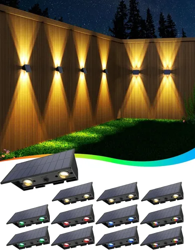 Vista 10 de Luces solares para valla, paquete de 6 luces solares para exteriores, color blanco cálido + RGB arriba y abajo, impermeables, 100 lúmenes