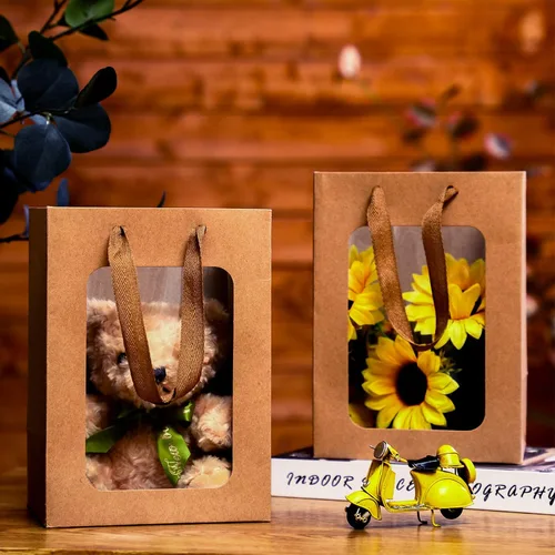 Vista 7 de Yexiya 15 bolsas de regalo de papel con ventana transparente, 7 x 5 x 10 pulgadas, bolsas de compras de papel kraft para bodas, cumpleaños