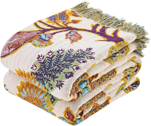 Vista 33 de Manta bohemia de muselina de algodón tejida con flores decorativas de 50 x A-verde