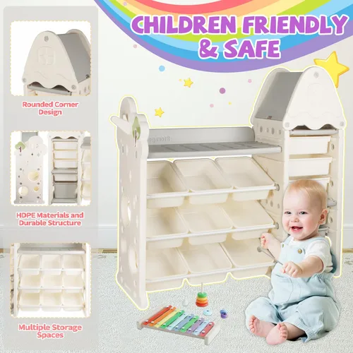 Vista 4 de Organizador de almacenamiento de juguetes para niños de 4 niveles con 14 cubos de juguetes extraíbles, compacto, estilo bohemio, organizador