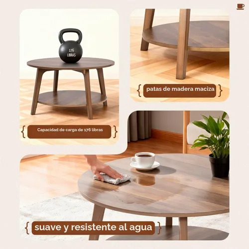 Vista 4 de [Usado] FDW Mesa auxiliar redonda de 2 niveles moderna de madera con almacenamiento para sala de estar, dormitorio u oficina, mesa de centro Marrón