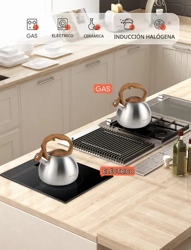 Vista 6 de BELANKO Hervidor de té de 2.7 cuartos de galón para estufas, tetera de acero inoxidable de grado alimenticio con silbato fuerte, mango de madera
