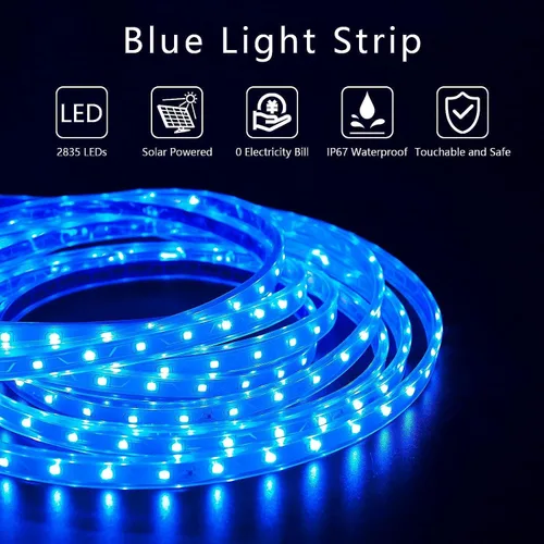 Vista 4 de Tira de luces LED solares azules para exteriores, tira LED impermeable IP67 de 16.4 pies, cable USB para uso recargable, cuerda de luces solares