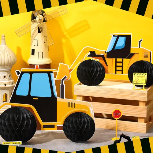 Vista 4 de Shappy 6 piezas de suministros de construcción para fiestas de cumpleaños, centros de mesa de construcción de panal de abeja, decoración