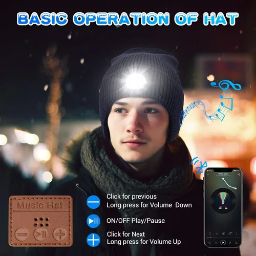 Vista 47 de Gorro Bluetooth con auriculares ligeros e inalámbricos, micrófono integrado y altavoces estéreo mejorados con música