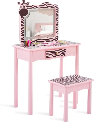 Vista 10 de ShyneeMakeup - Juego de tocador de madera de princesa con taburete acolchado, cajón, patas de madera y espejo, juego de maquillaje para niñas
