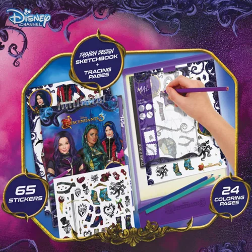 Vista 6 de Disney Descendants 3 - Mesa de luz de seguimiento de diseño moderno para niñas, juego de 9 piezas con cuaderno de bocetos, calcomanías, páginas
