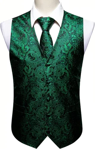 Vista 6 de Barry.Wang Chaleco formal de los hombres Paisley Jacquard seda corbata traje chaleco conjunto boda 5PCS