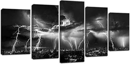 Vista 8 de Biuteawal - Arte de pared en blanco y negro de la naturaleza, relámpagos en las nubes, pintura sobre lienzo, tormenta y vista nocturna de la ciudad