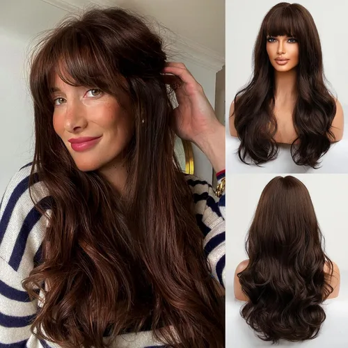 Vista 18 de HAIRCUBE Peluca larga rubia mezclada con marrón con flequillo, pelucas rizadas en capas para mujeres, pelucas sintéticas naturales para uso diario