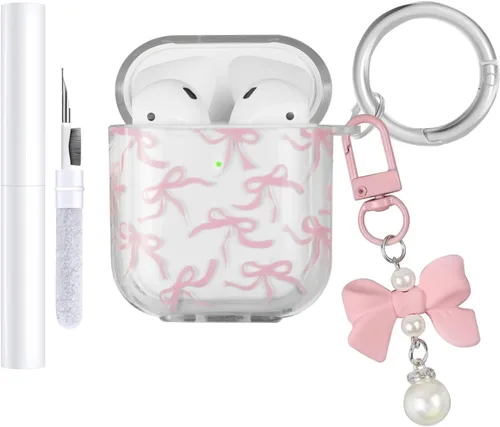 Vista 13 de Funda compatible con AirPods, funda de TPU suave con bonito patrón de flores para AirPods de 2 y 1 generación con llavero colgante y mosquetón