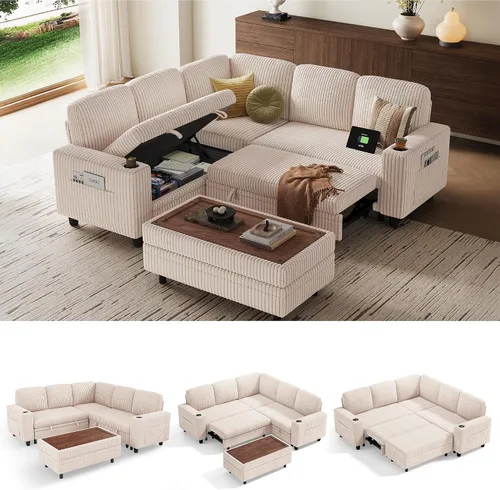 Vista 39 de LINSY HOME Sofá cama seccional con sofá cama extraíble para sala de estar (azul) Plush Corduroy
