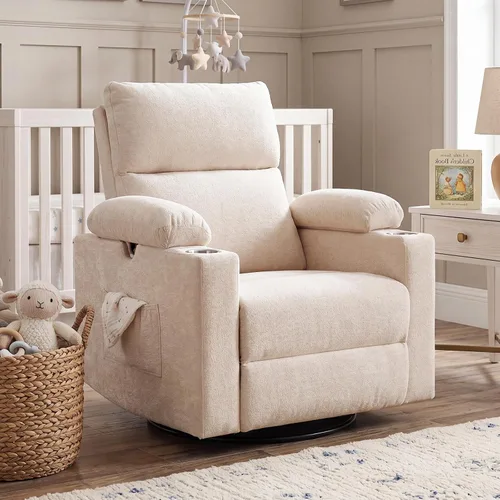 Vista 18 de Glider - Silla reclinable para guardería con reposabrazos ajustables, mecedora con masaje y calor, mecedora giratoria con reposacabezas ajustable