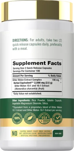 Vista 2 de Carlyle - Cápsulas de Melón Amargo 2500 mg 200 unidades Extracto sin OMG y sin gluten Suplemento complejo