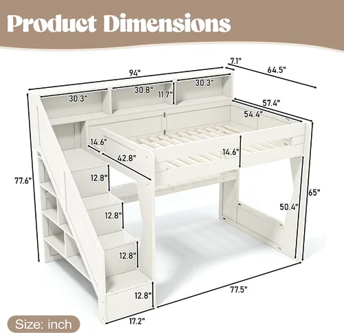 Vista 2 de Cama loft para juegos con escaleras de almacenamiento/estantes de cabecero Beige-e