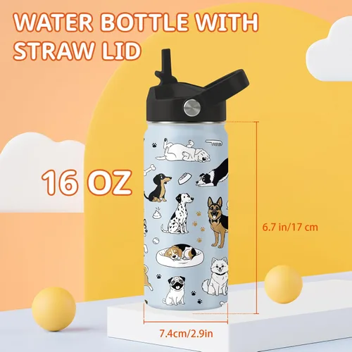 Vista 2 de Botella de agua para perros de 16 onzas con asa y popote para niños, vasos Perro26