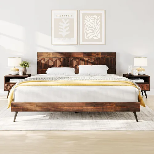 Vista 11 de Bme Georgina - Marco de cama tamaño Queen con cabecero y diseño geométrico artesanal distintivo, diseño con patente estadounidense pendiente, madera