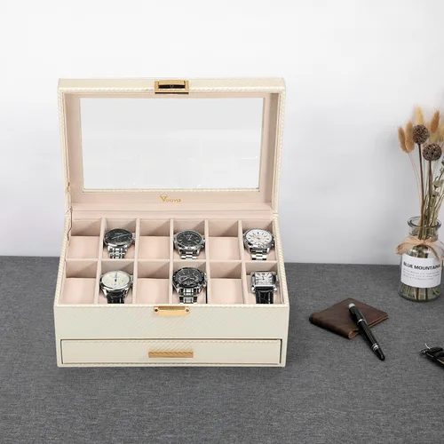 Vista 6 de Voova - Organizador de cajas de joyería para relojes para hombres y mujeres, 2 capas grandes con 12 ranuras, estuche de almacenamiento de relojes
