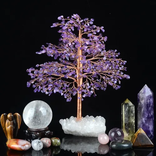 Vista 3 de Árbol de la vida con piedras preciosas de amatista natural, base de cuarzo transparente, bonsái de dinero de chakras, Feng Shui, cristales curativos