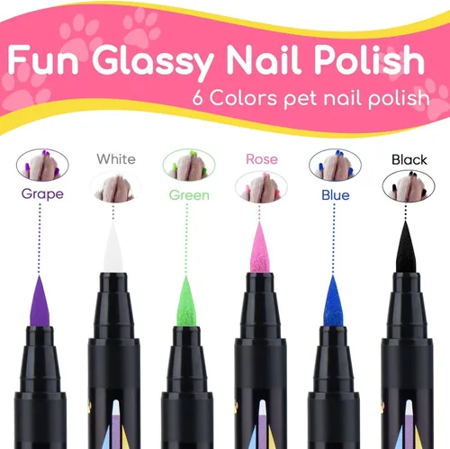 Vista 2 de OLINGYOU Esmalte de Uñas para Perro, Esmalte de Uñas para Perro con Lápiz de Secado Rápido-6 Colores, Juego de Esmaltes de Uñas para Mascotas