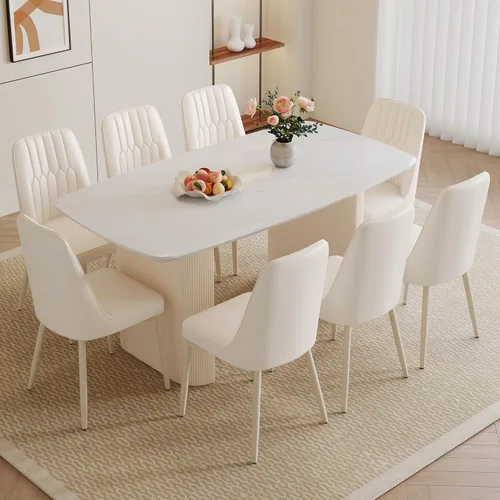 Vista 9 de Juego de mesa de comedor blanca para 4, juego de mesa de comedor de mármol de 67 pulgadas con mesa ovalada blanca crema de 3.5 pulgadas de grosor