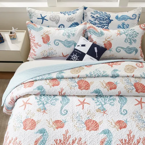 Vista 4 de LEAONME Coastal Juego de Edredón Tamaño Twin - Colcha Reversible de Microfibra Ligera, 68''x86'', Coral, Incluye 1 Funda de Almohada