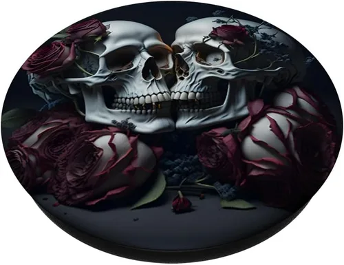 Vista 2 de Calavera de azúcar pareja amor negro gótico floral rosas rojas PopSockets intercambiables PopGrip
