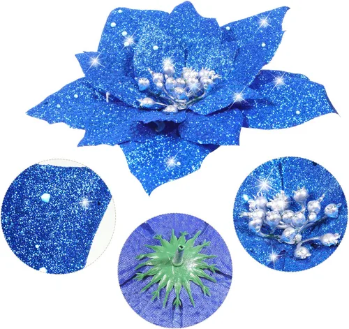 Vista 2 de Boao 24 piezas de flores de Pascua artificiales con purpurina, flores de Pascua para decoración de boda, árbol de Navidad, 3/4/6 pulgadas (azul)