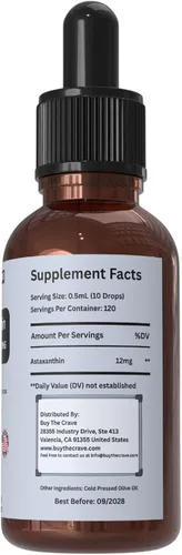 Vista 2 de Gotas líquidas de astaxantina infundidas con aceite de oliva virgen extra prensado en frío, 12 mg por porción, soporte antioxidante natural, botella