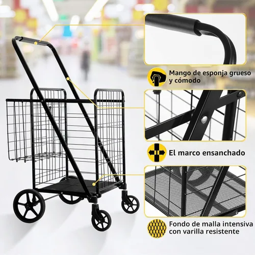 Vista 4 de BIEAMA Carrito de compras plegable, carrito de comestibles de capacidad de Carrito + Cesta