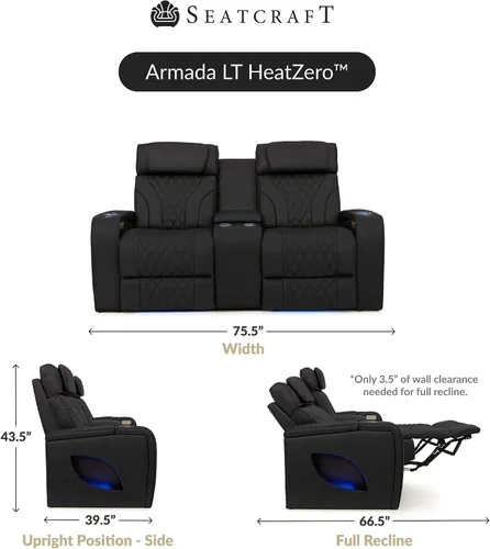 Vista 2 de Seatcraft Armada LT - Asiento de cine en casa, sofá biplaza negro con almacenamiento
