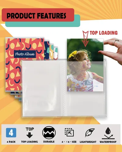 Vista 4 de Álbum de fotos pequeño de 4 x 6 para fotos, juego de 4, capacidad para 36 fotos cada una, capacidad de 144, 4 patrones, fundas flexibles extraíbles