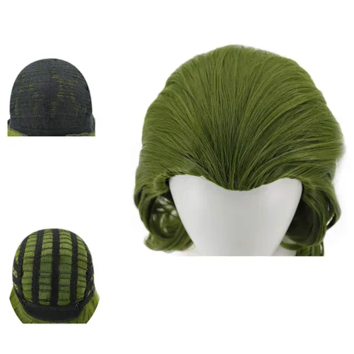 Vista 5 de PATTNIUM Peluca verde para hombre, peluca corta ondulada de anime verde oscuro, peluca de anime para hombres y niños, peluca de pelo sintético