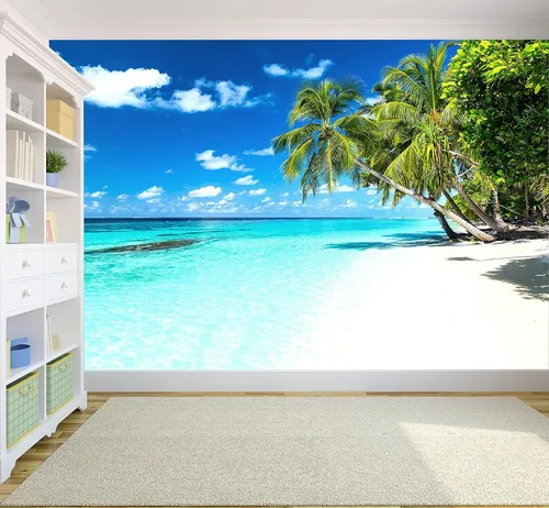 Vista 5 de Reyhui - Papel tapiz con imagen de palmera, paraíso tropical, playa, paisaje marino, para paredes de dormitorio, sala de estar, fondo de televisión