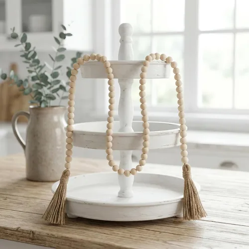 Vista 7 de Cuentas estilo granja, guirnalda de cuentas de madera de 58 pulgadas con borlas, decoración rústica de campo, cuentas bohemias de oración