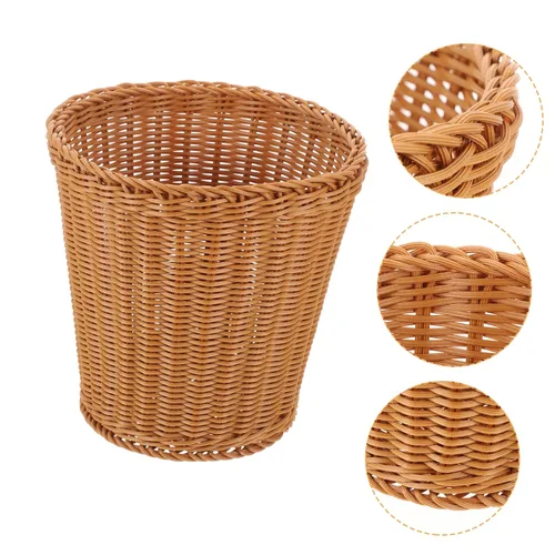 Vista 5 de Elegante cubo de basura tejido natural tapa de cesta de gran capacidad para sala de estar estudio