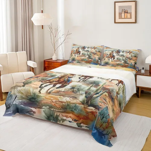 Vista 36 de Juego de sábanas para niños estilo vaquero occidental tamaño individual, juego de ropa de cama con diseño geométrico de cactus, decoración